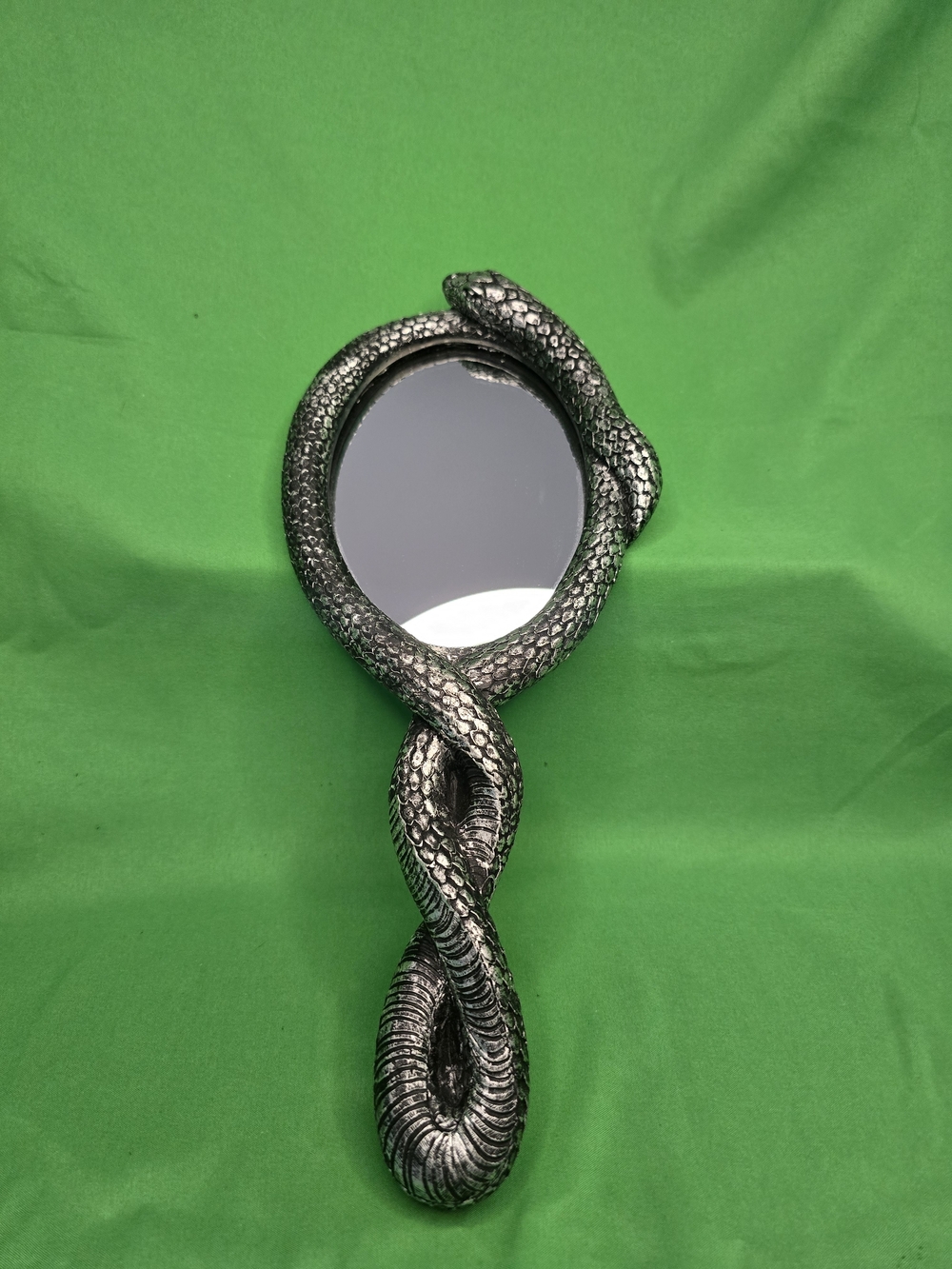 Gothic Snake Serpent Hand Mirror Silver Tone Resin Reptile Vanity Decor
